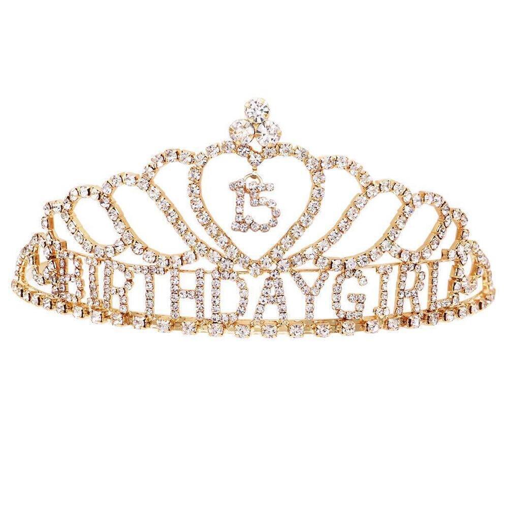 8710 Rhinestone Birthday Tiara Crown Quinceanera 15 Gold Tone